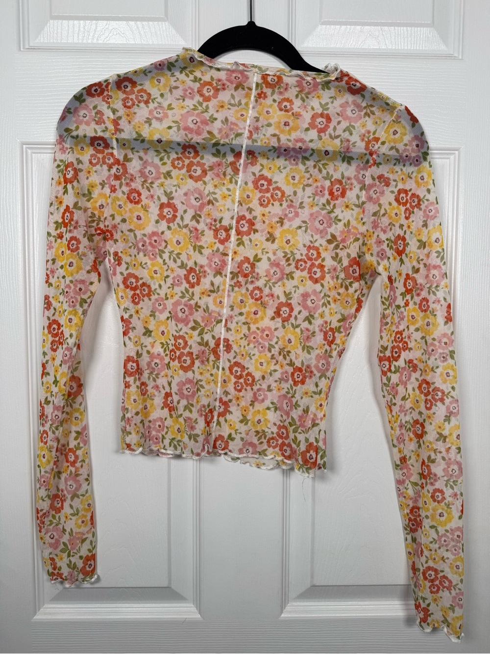 Le Lis Collection Floral Mesh Long Sleeve Sheer Lettuce Hem Top XS
